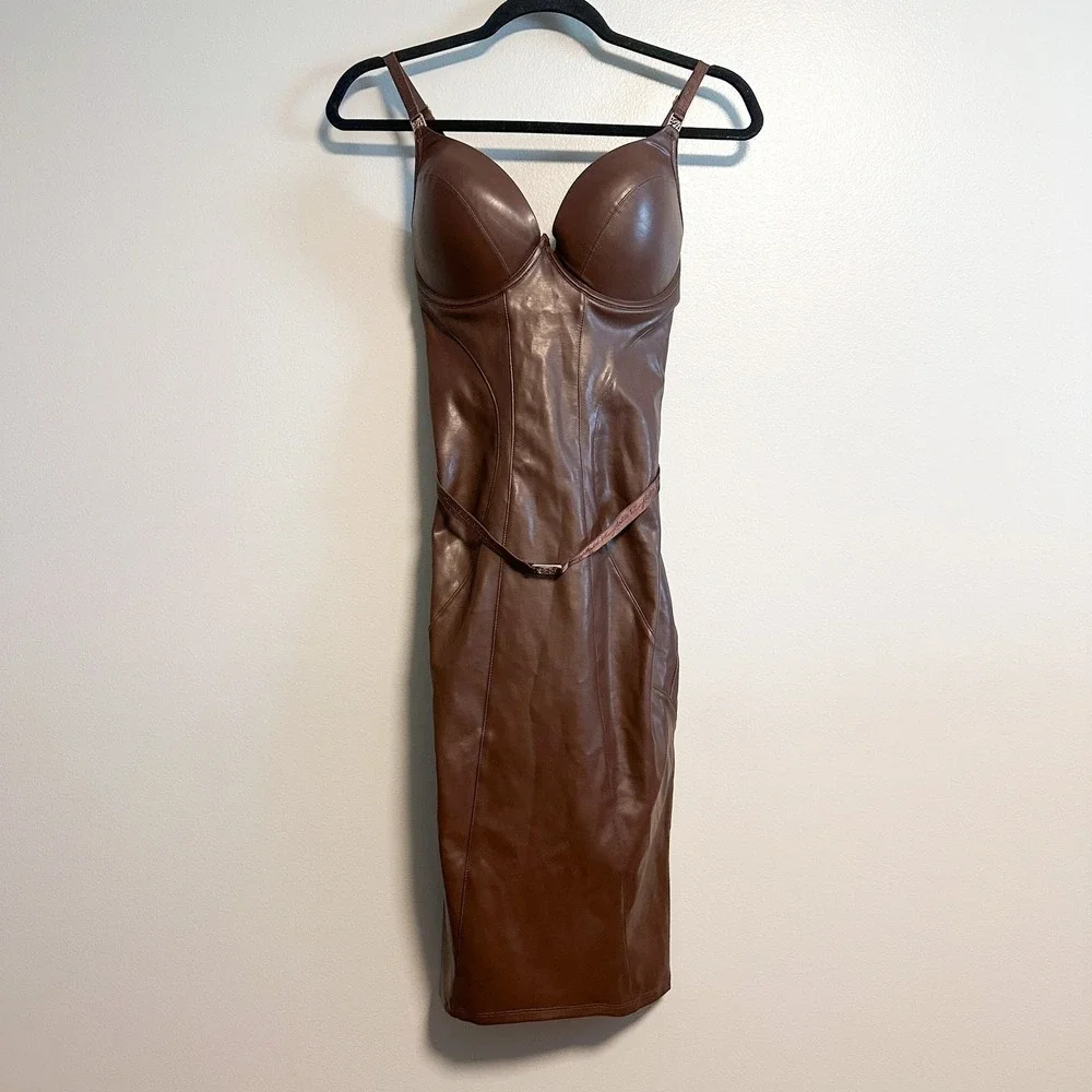 Honey Birdette Emily Deep Mahogany Faux Leather Dress NWT Size XS - Picture 6 of 16